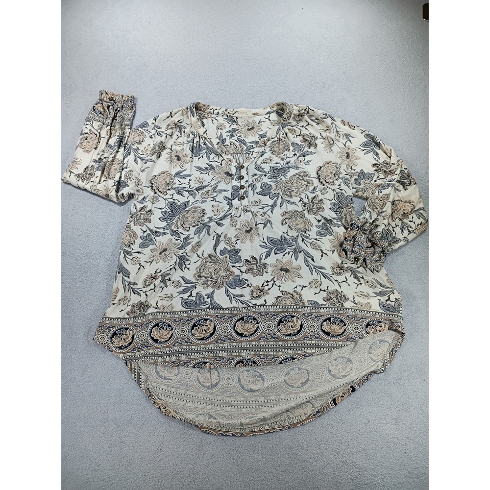Lucky Brand Womens Peasant Blouse Cream Floral Medium High Low Hem